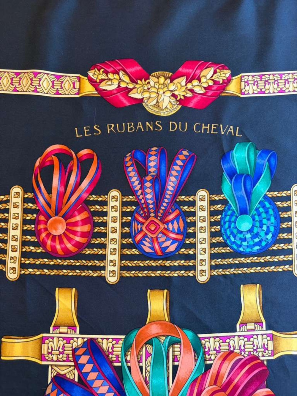 Hermes Les Rubans du Cheval Carre 90 Silk Scarf Black Multicolor Made in France - Picture 2 of 10
